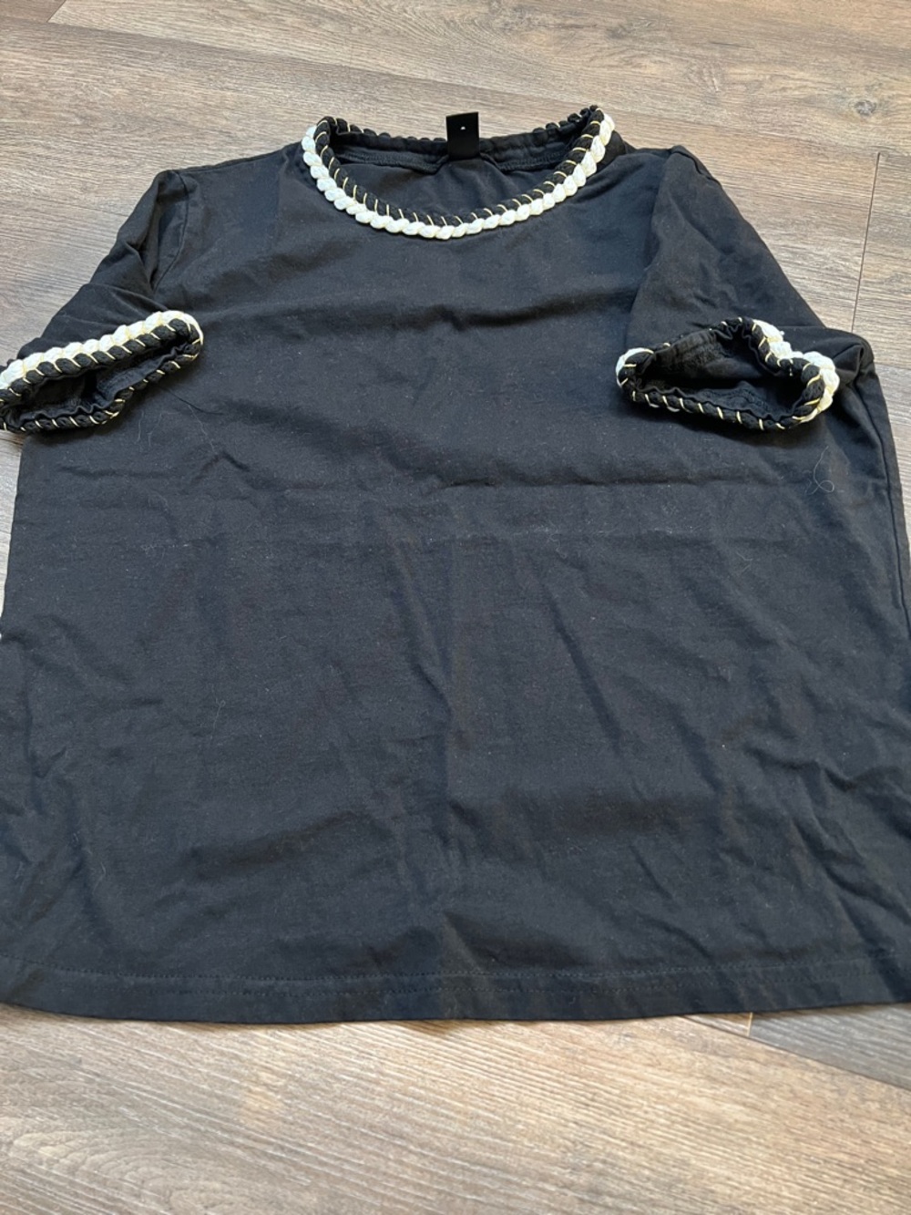 Black Short Sleeve Tee with White Braided Trim